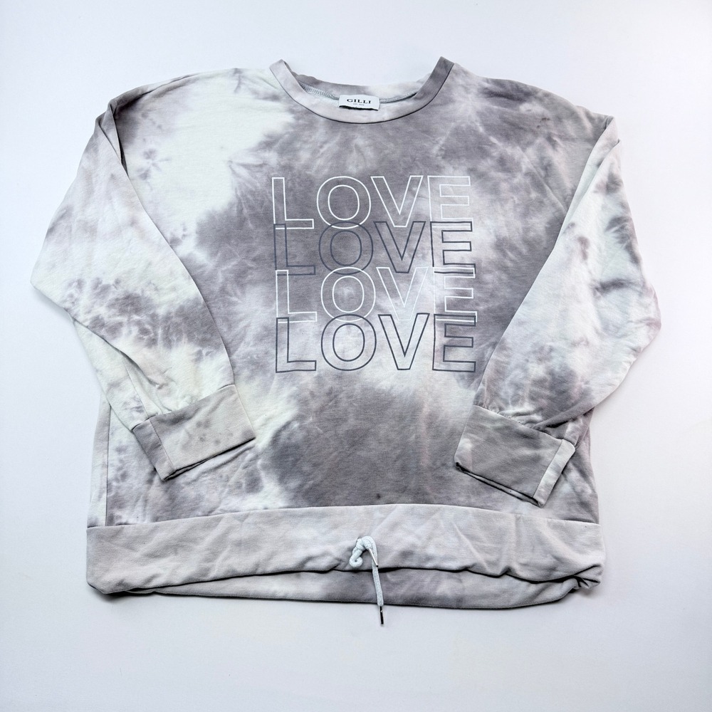 Gilli Womens XL Grey White Tie Dye Love Graphic Sweatshirt Drawstring Hem